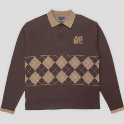Pass~Port Tilde Stamp Knit Long-sleeve Polo - Chocolate